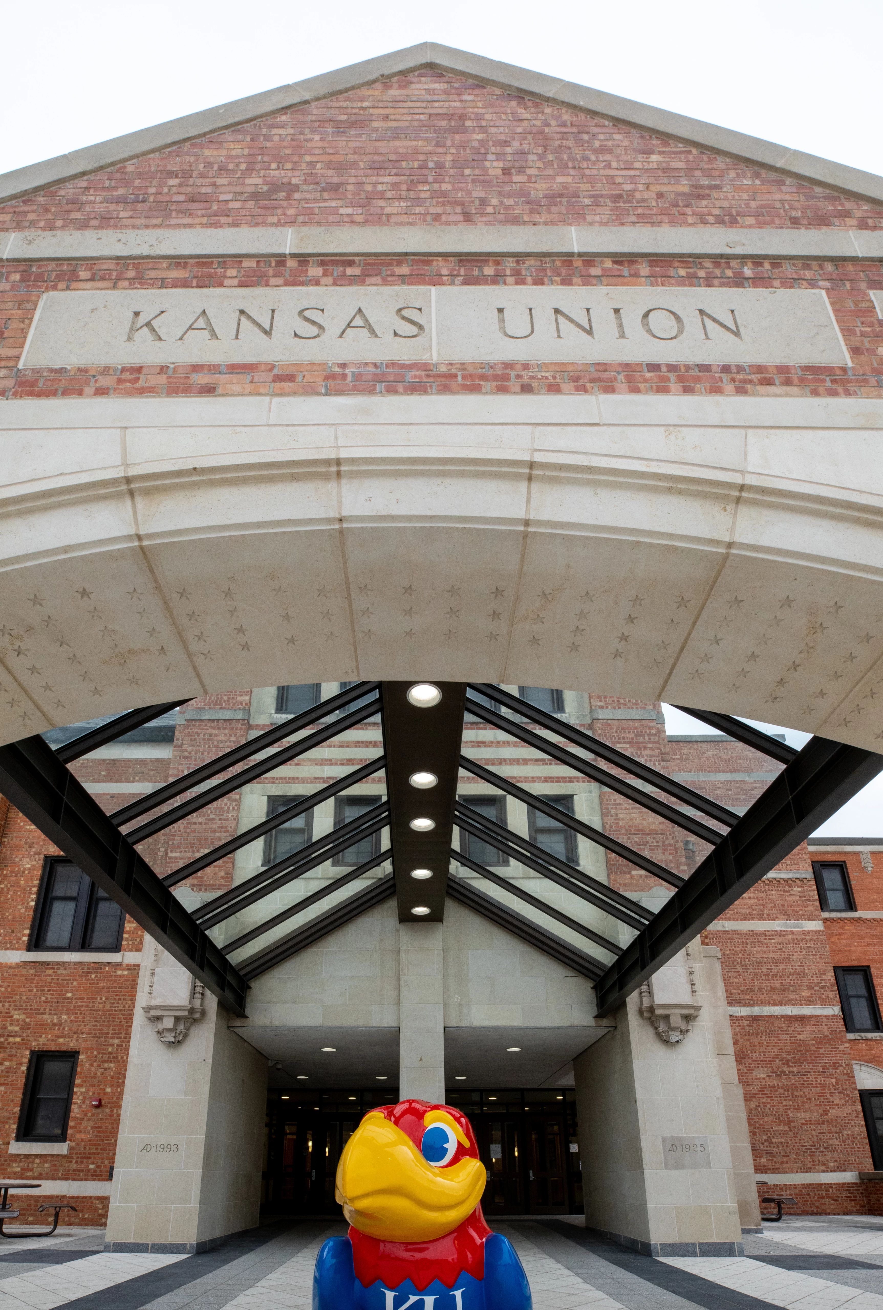 Entry to Kansas Memorial Union with Jayhawk statue in front