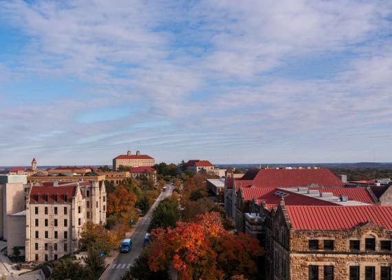 A high up POV of KU's campus, on an autumn day.