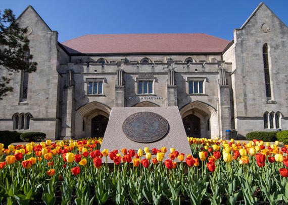 KU building with red and yellow flowers in front.