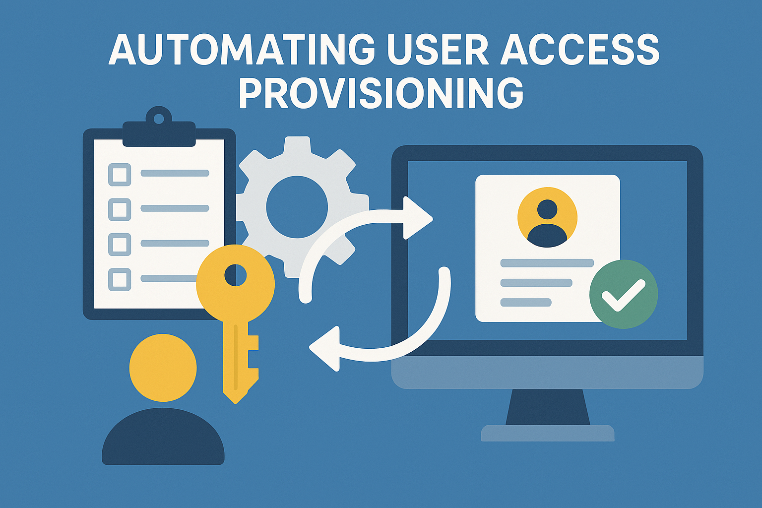 Image with automating user access at the top and symbols with a key and gears resulting in a checkmark by a user symbol