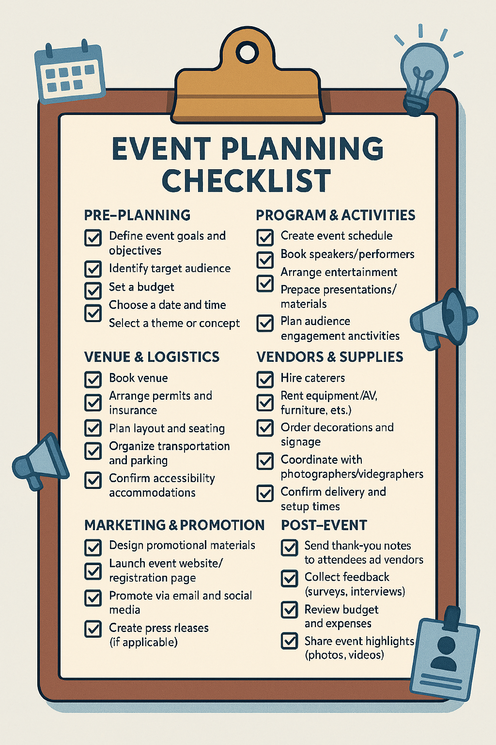 Picture of an event planning checklist on a clipboard