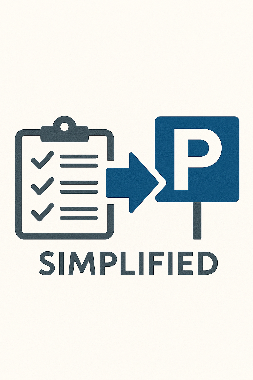 Picture illustrating a list of parking instructions next to a big P Parking sign with the word simplified underneath