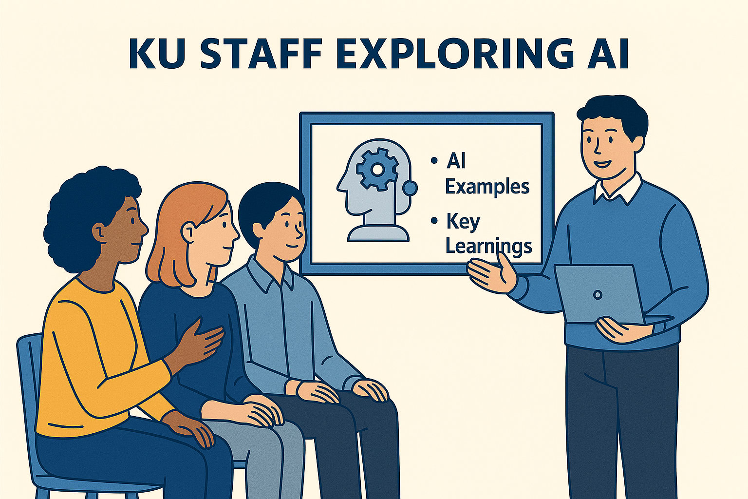 Three people sitting and watching a presentation on AI