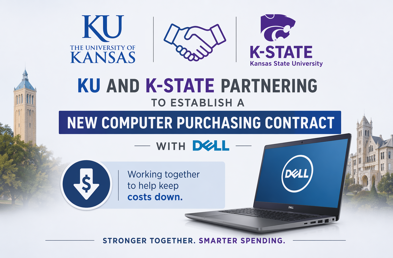 Picture with KU and KState logos at top and illustrating partnership to keep Dell computer costs down